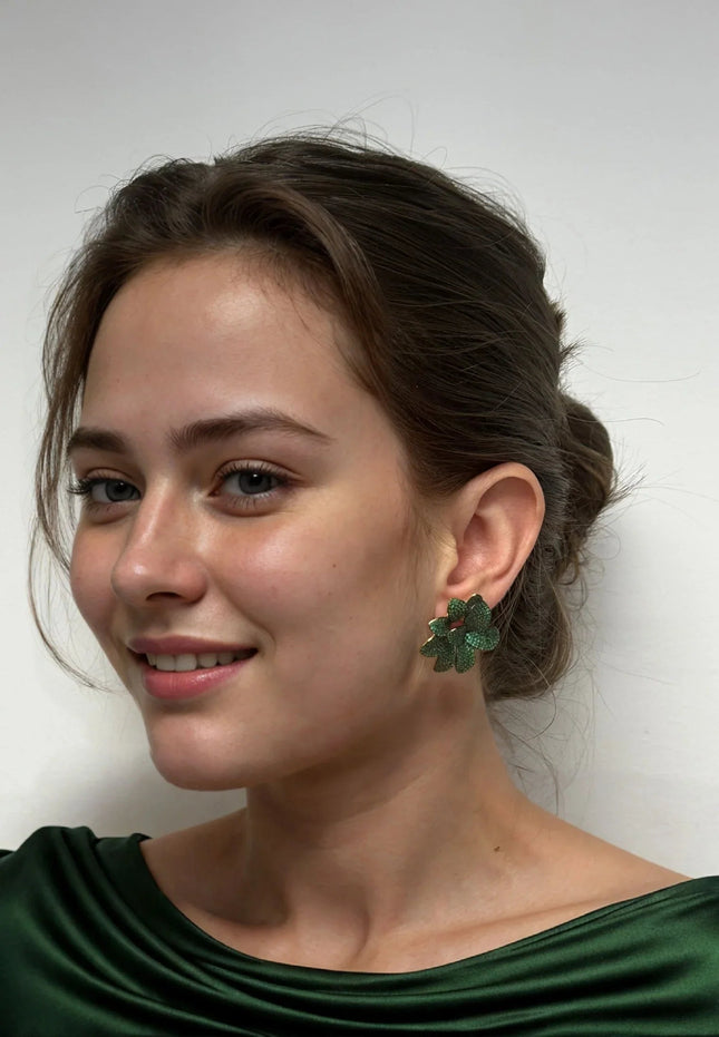 Amaryllis Flower Large Stud Earrings Gold Emerald
