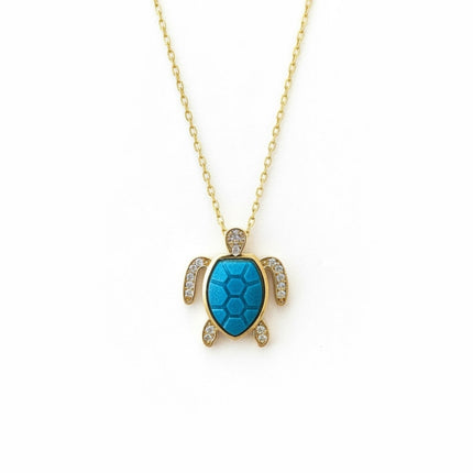 Sea Turtle Pendant Necklace Gold Turquoise Blue