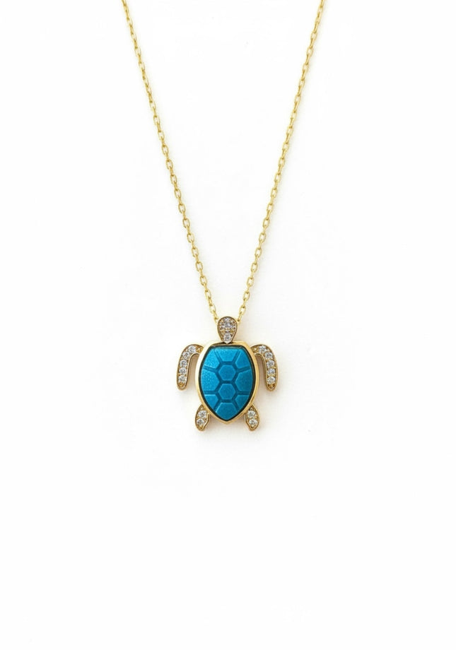 Sea Turtle Pendant Necklace Gold Turquoise Blue
