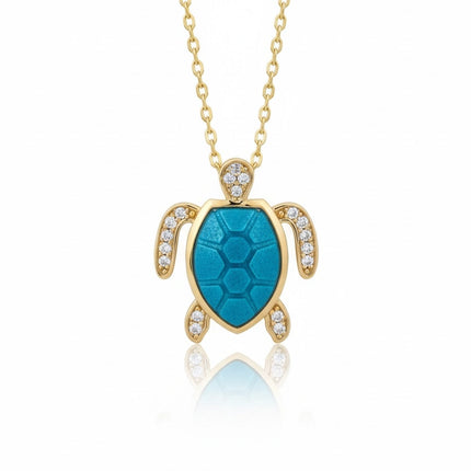 Sea Turtle Pendant Necklace Gold Turquoise Blue
