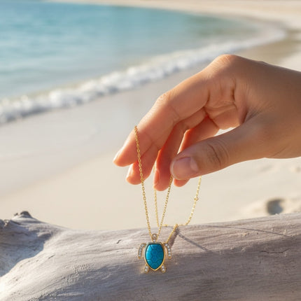 Sea Turtle Pendant Necklace Gold Turquoise Blue