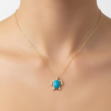 Sea Turtle Pendant Necklace Gold Turquoise Blue