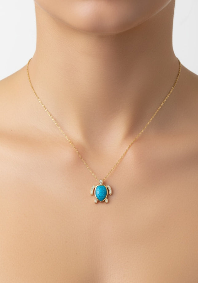 Sea Turtle Pendant Necklace Gold Turquoise Blue