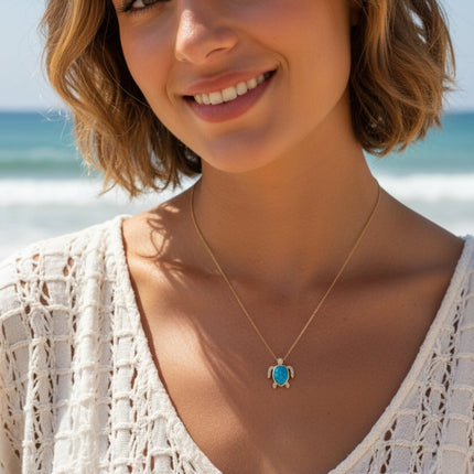 Sea Turtle Pendant Necklace Gold Turquoise Blue