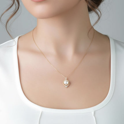 Solid 14k Gold Diamond and Pearl Empress Necklace