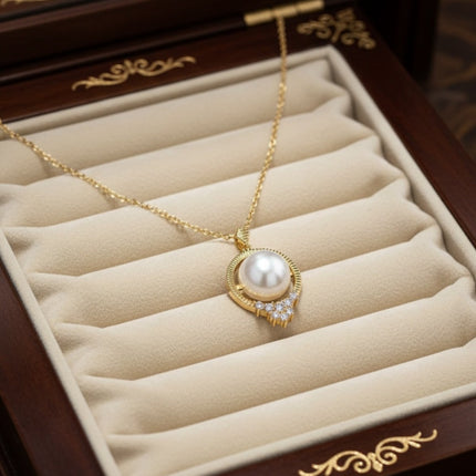 Solid 14k Gold Diamond and Pearl Empress Necklace