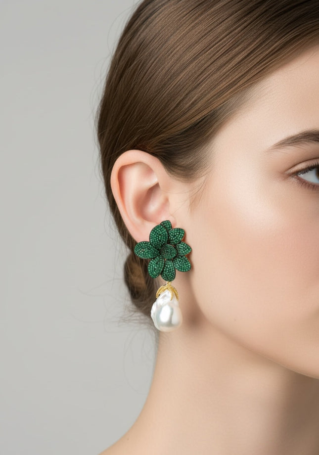 Amaryllis Flower Baroque Pearl Drop Earrings Green Gold