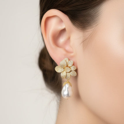 Amaryllis Flower Baroque Pearl Drop Earrings White Gold