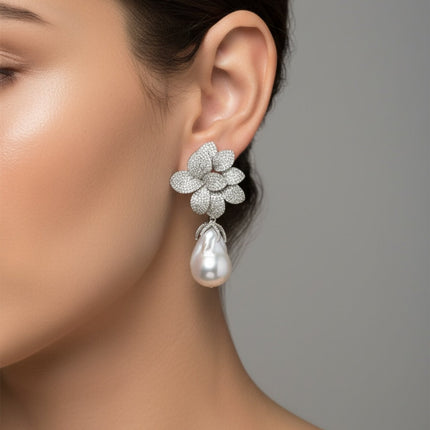 Amaryllis Flower Baroque Pearl Drop Earrings White Silver
