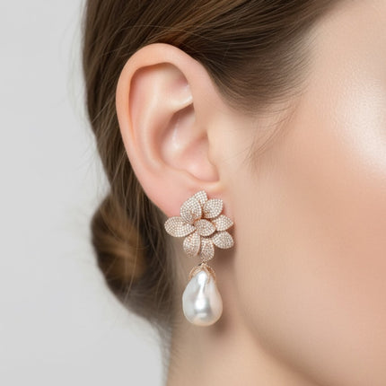 Amaryllis Flower Baroque Pearl Drop Earrings White Rosegold