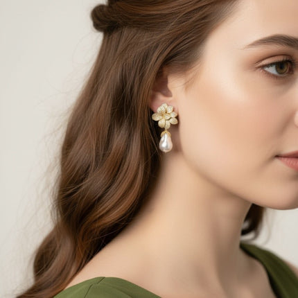 Amaryllis Flower Baroque Pearl Drop Earrings White Gold