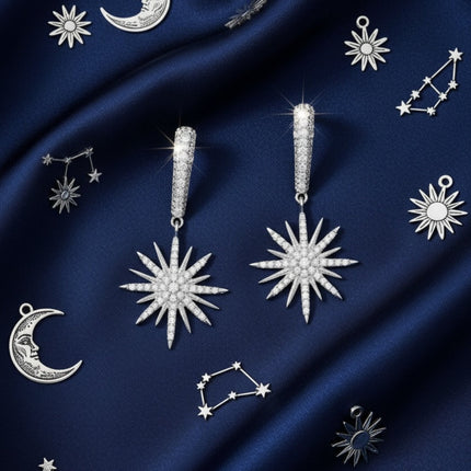 Star Burst Drop Earrings Silver