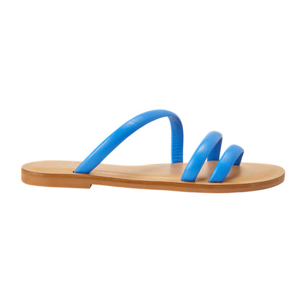 Cacau Calf Blue Leather Three-Strap Slide Sandals