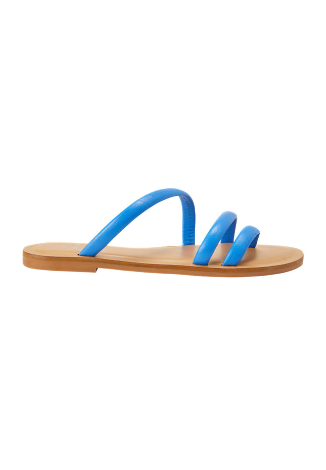Cacau Calf Blue Leather Three-Strap Slide Sandals