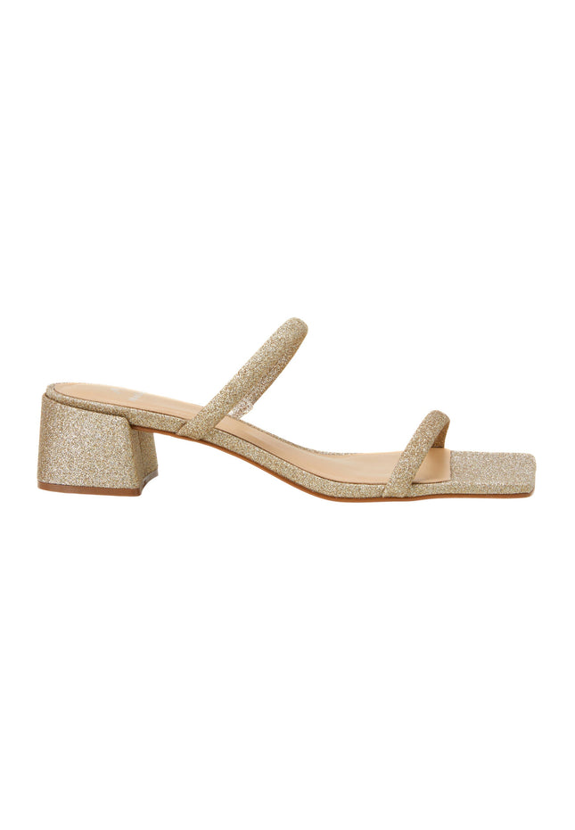Maiate Gold Textile Mules – 4cm Low Block Heel Slip-On