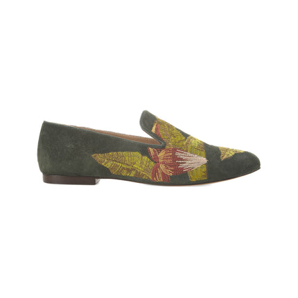 Canela Suede Green Leather Embroidered Loafers