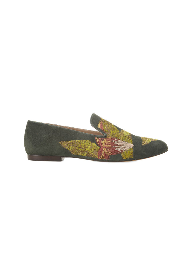Canela Suede Green Leather Embroidered Loafers