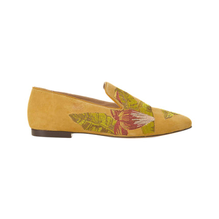 Canela Suede Green Leather Embroidered Loafers
