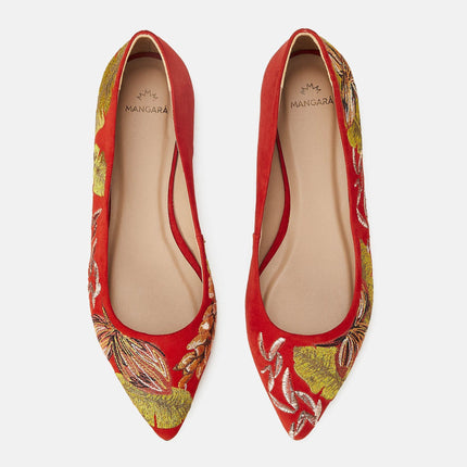 Pindaiva Red Suede Embroidered Ballerinas
