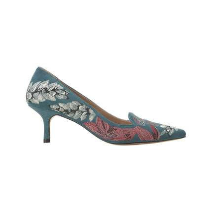 Ipê Suede Turquoise Leather Pumps – 6cm Embroidered Kitten Heel