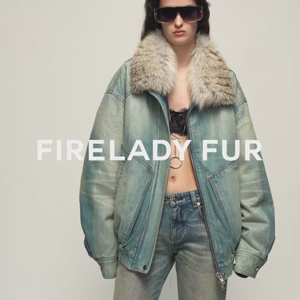 Firelady Fur Women's Denim Parka With SAGAFURS Fox Fur Collar "Warm Mist Glass"