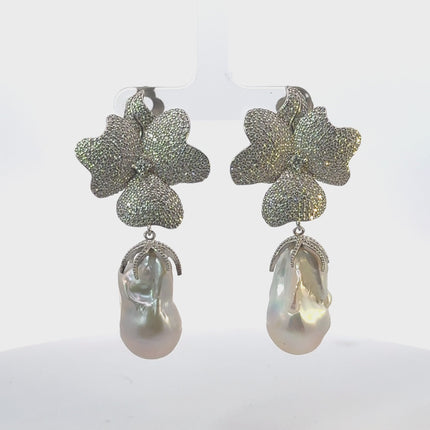 Baroque Pearl White Flower Clip on Drop Earrings Silver