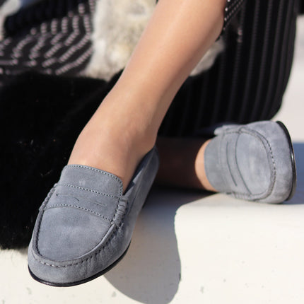 Women's Penny Loafers Leather Sole, Slate Grey Suede