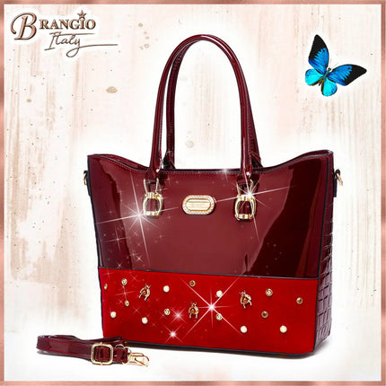 Brangio Italy Burgundy Patent Leather Tote Bag – Luxury Designer Handbag With Crystal & Pearl Accents