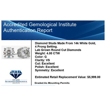 4.00 CTW AGI Certified Lab Grown Diamond Stud Earrings in 14K White or Yellow Gold - G Color VS Clarity