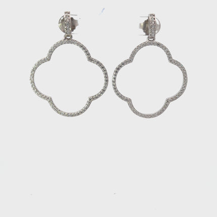 Open Clover Large Drop Earrings White Cz Silver