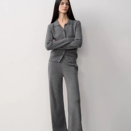 "Lazy Urban" Yangtze Merino Wool Polo-Neck Cardigan Straight-Leg Knitted Pants Suit