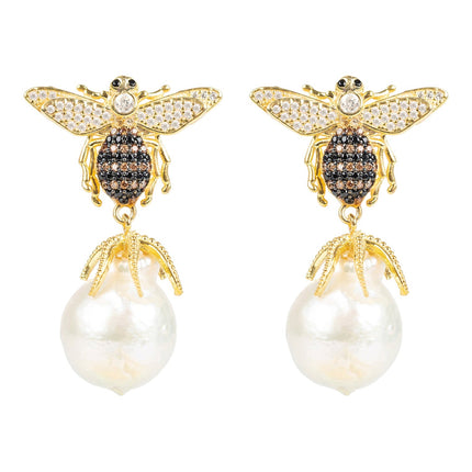Baroque Pearl Honey Bee Drop Earrings Gold