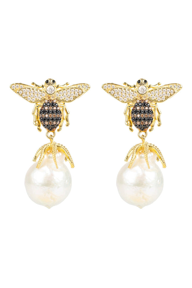 Baroque Pearl Honey Bee Drop Earrings Gold