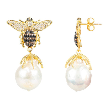 Baroque Pearl Honey Bee Drop Earrings Gold