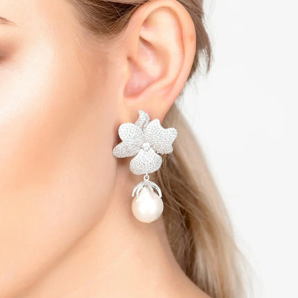 Baroque Pearl White Flower Clip on Drop Earrings Silver