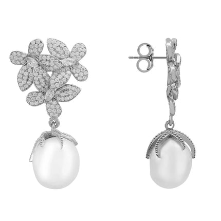 Flowers Pearl Earrings Silver White
