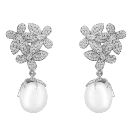 Flowers Pearl Earrings Silver White