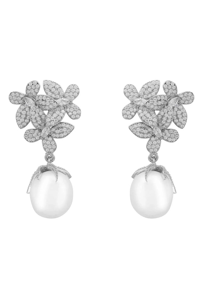 Flowers Pearl Earrings Silver White