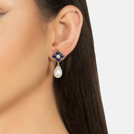 Flower Clover Pearl Drop Earrings Lapis Lazuli Gold