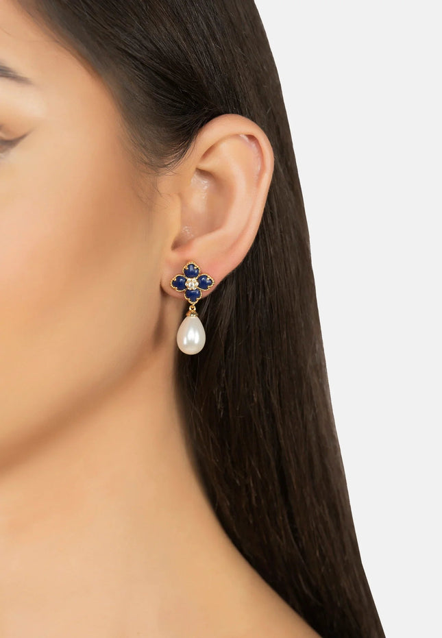 Flower Clover Pearl Drop Earrings Lapis Lazuli Gold