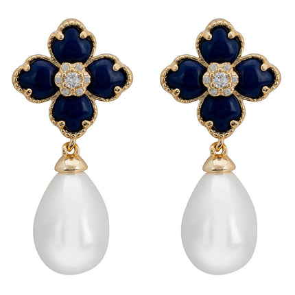 Flower Clover Pearl Drop Earrings Lapis Lazuli Gold