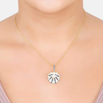 Art Deco Scallop Shell Pendant Necklace Sapphire Blue With Pearl Gold
