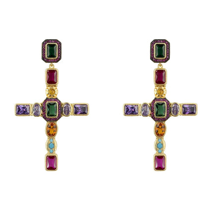 Maria Extra Large Gemstone Fashion Earrings Gold (Cross)