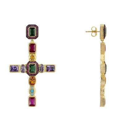 Maria Extra Large Gemstone Fashion Earrings Gold (Cross)