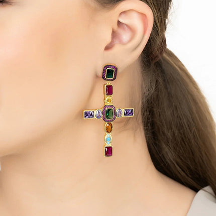 Maria Extra Large Gemstone Fashion Earrings Gold (Cross)