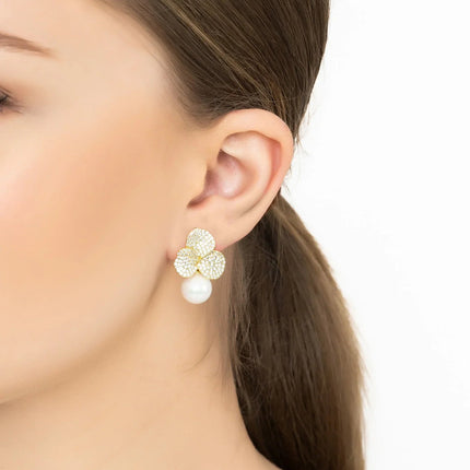 Iris Flower and Pearl Dangle Earrings Gold