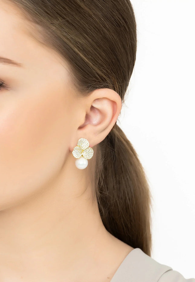 Iris Flower and Pearl Dangle Earrings Gold
