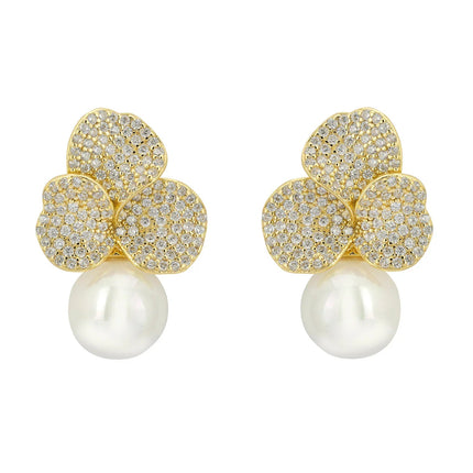 Iris Flower and Pearl Dangle Earrings Gold