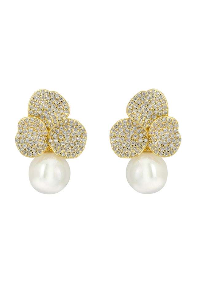 Iris Flower and Pearl Dangle Earrings Gold