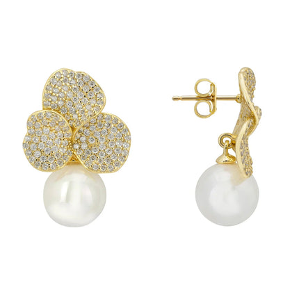 Iris Flower and Pearl Dangle Earrings Gold